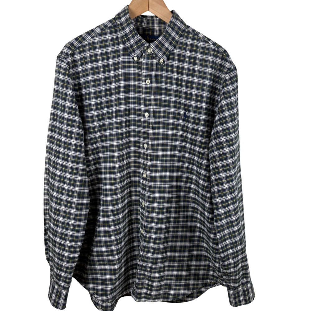 Ralph Lauren Plaid Button-Down Shirt Mens XL Long-Sleeve Cotton Blue Green White